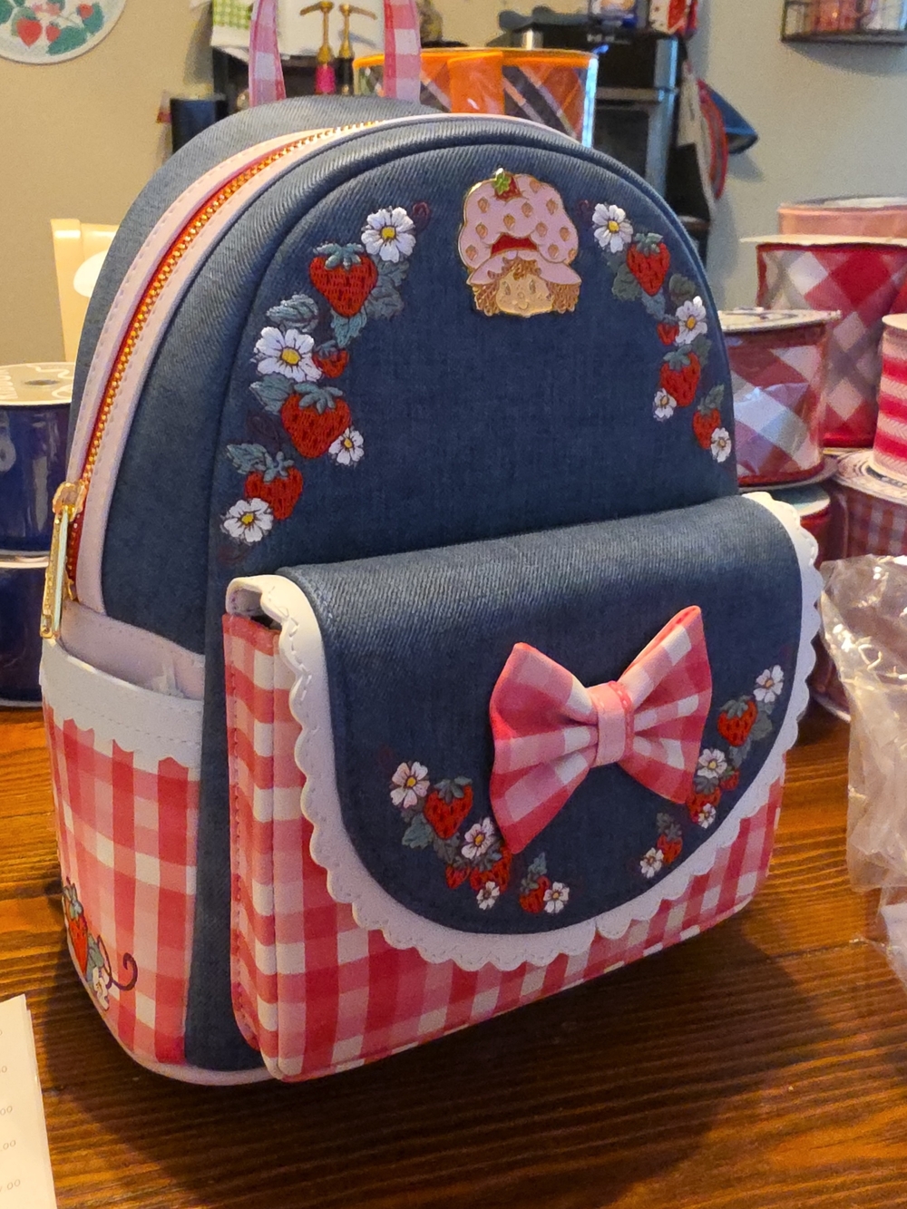 Loungefly Pink Gingham & Denim Strawberry Shortcake Mini Backpack